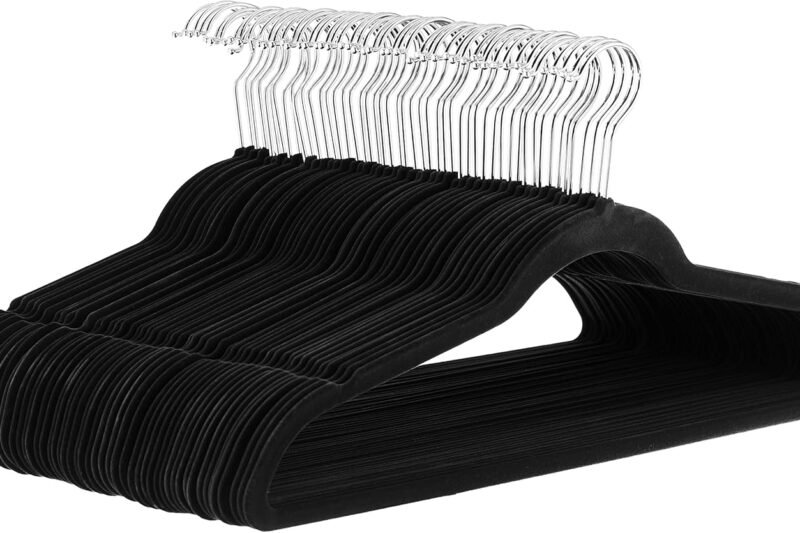 Amazon Basics Slim Velvet Non-Slip Space Saving Suit Clothes Hangers, Closet Organizer, Black, 50-Pack